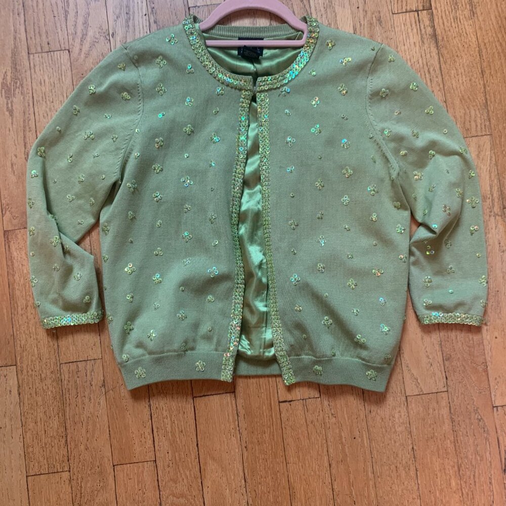 Soft Lime Green beaded cardigan. Lined for extra comfort and luxery.